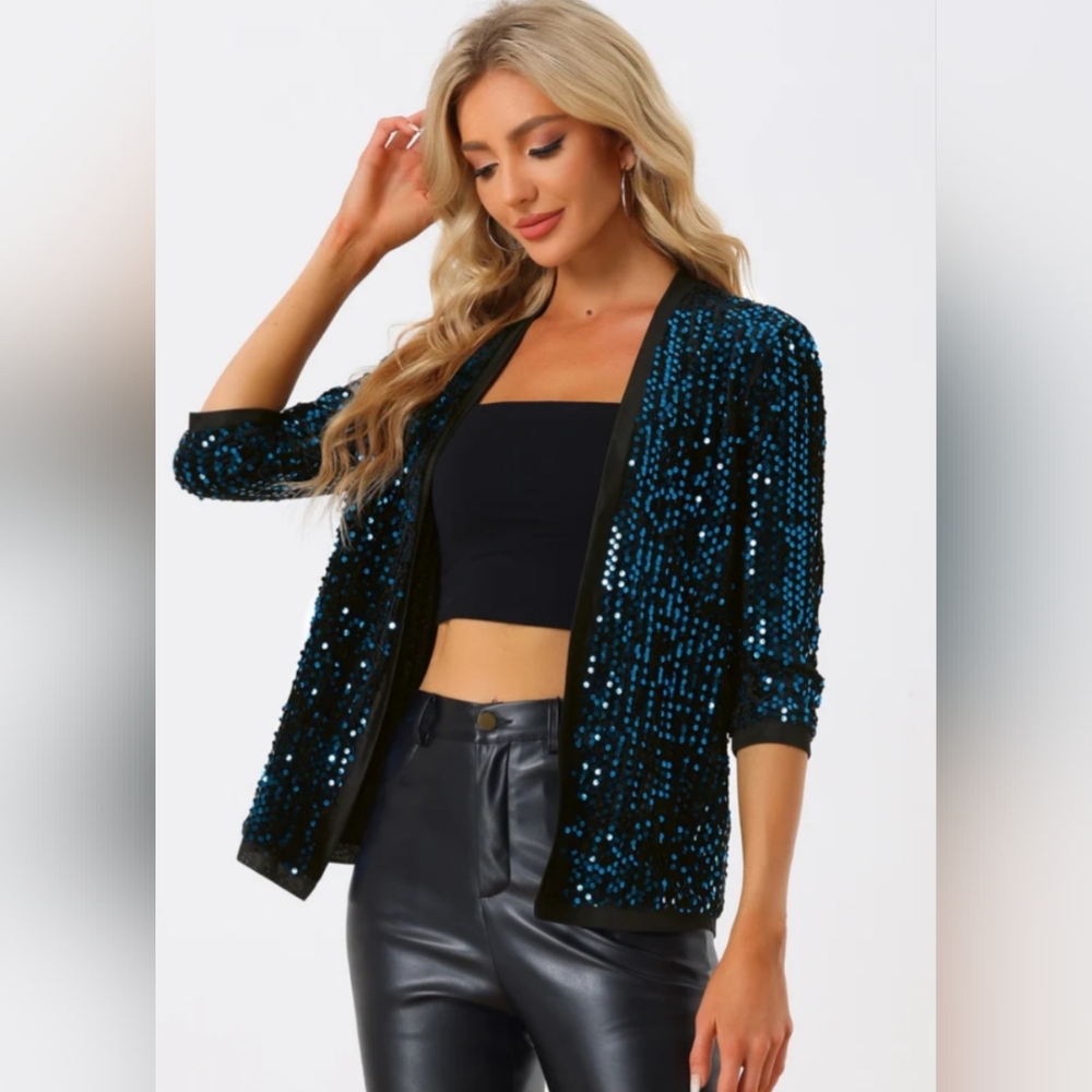 Allegra K - Sequin Blazer Cardigan Jacket Open Front - Blue